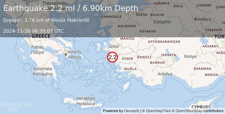 Earthquake WESTERN TURKEY (2.2 ml) (2024-11-30 06:30:07 UTC)