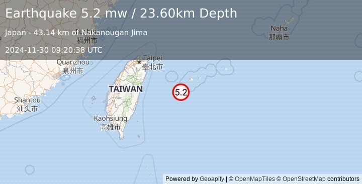 Earthquake SOUTHWESTERN RYUKYU ISL., JAPAN (5.2 mw) (2024-11-30 09:20:38 UTC)