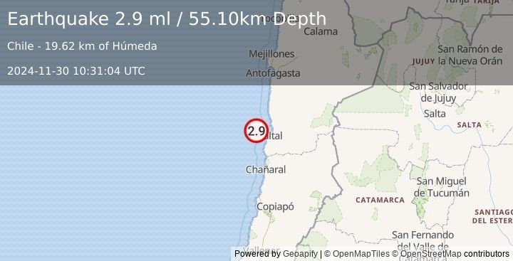 Earthquake OFFSHORE ANTOFAGASTA, CHILE (2.9 ml) (2024-11-30 10:31:04 UTC)