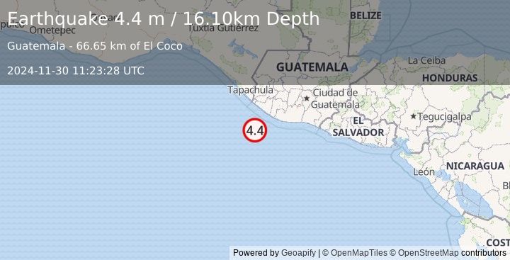 Earthquake OFFSHORE GUATEMALA (4.4 m) (2024-11-30 11:23:28 UTC)