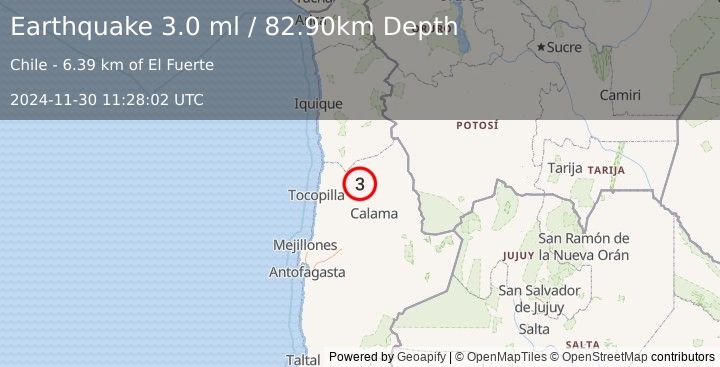 Earthquake ANTOFAGASTA, CHILE (3.0 ml) (2024-11-30 11:28:02 UTC)