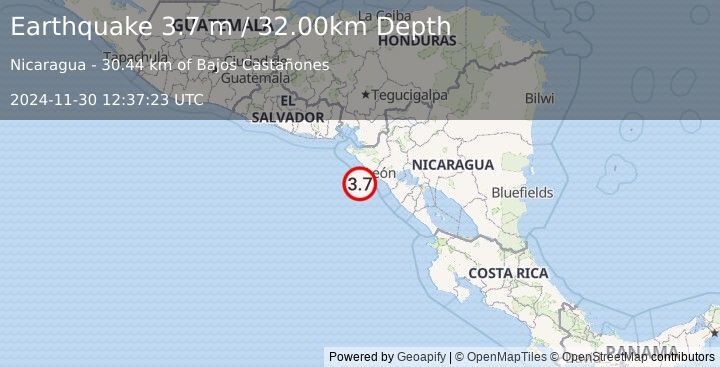 Earthquake NEAR COAST OF NICARAGUA (3.7 m) (2024-11-30 12:37:23 UTC)