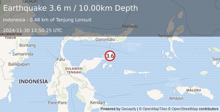 Earthquake SULAWESI, INDONESIA (3.6 m) (2024-11-30 12:50:25 UTC)