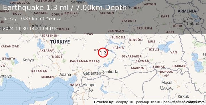 Earthquake EASTERN TURKEY (1.3 ml) (2024-11-30 14:21:04 UTC)