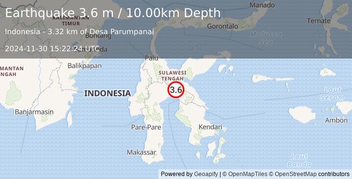 Earthquake SULAWESI, INDONESIA (3.6 m) (2024-11-30 15:22:24 UTC)