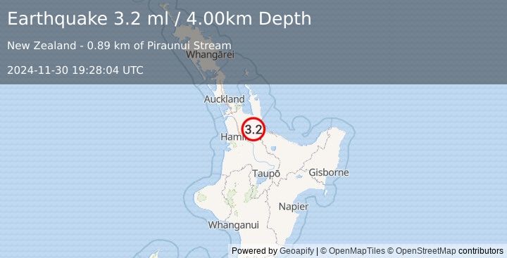 Earthquake NORTH ISLAND OF NEW ZEALAND (3.2 ml) (2024-11-30 19:28:04 UTC)