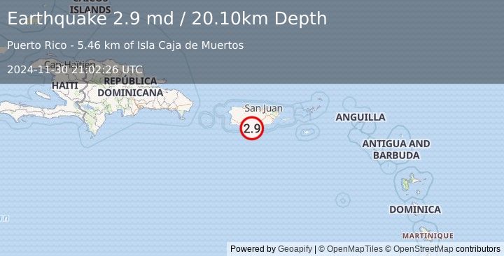 Earthquake PUERTO RICO REGION (2.9 md) (2024-11-30 21:02:26 UTC)