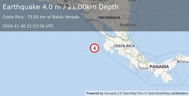 Earthquake OFF COAST OF COSTA RICA (4.0 m) (2024-11-30 21:57:56 UTC)