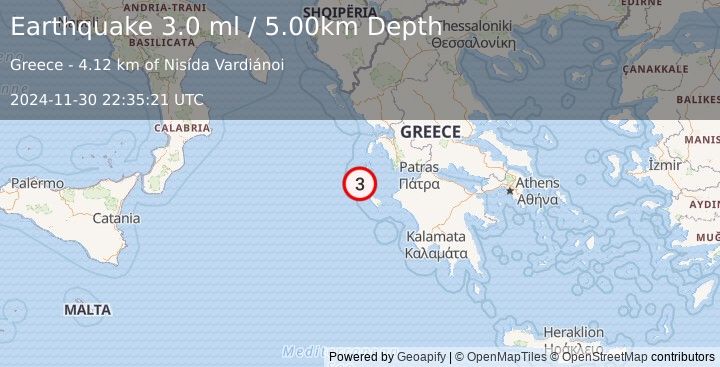 Earthquake GREECE (3.0 ml) (2024-11-30 22:35:21 UTC)