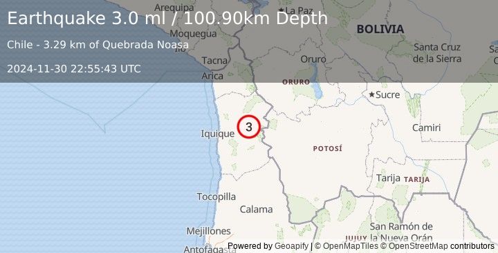 Earthquake TARAPACA, CHILE (3.0 ml) (2024-11-30 22:55:43 UTC)