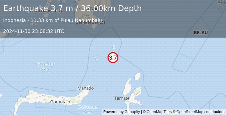 Earthquake KEPULAUAN TALAUD, INDONESIA (3.7 m) (2024-11-30 23:08:32 UTC)