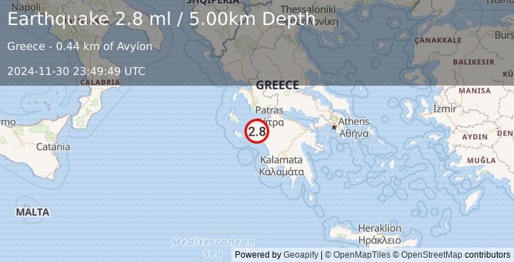 Earthquake SOUTHERN GREECE (2.8 ml) (2024-11-30 23:49:49 UTC)