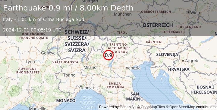 Earthquake NORTHERN ITALY (0.9 ml) (2024-12-01 00:05:19 UTC)