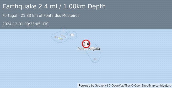 Earthquake AZORES ISLANDS, PORTUGAL (2.4 ml) (2024-12-01 00:33:05 UTC)