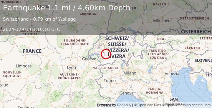 Earthquake SWITZERLAND (1.1 ml) (2024-12-01 01:16:16 UTC)