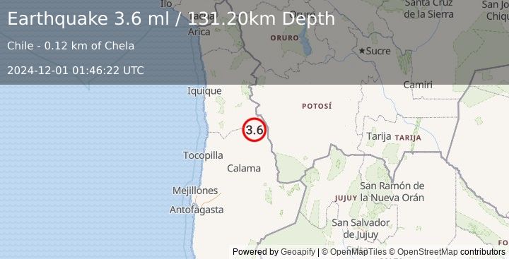 Earthquake ANTOFAGASTA, CHILE (3.6 ml) (2024-12-01 01:46:22 UTC)