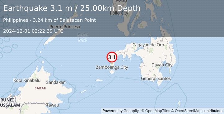 Earthquake MINDANAO, PHILIPPINES (3.1 m) (2024-12-01 02:22:39 UTC)