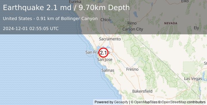 Earthquake SAN FRANCISCO BAY AREA, CALIF. (2.1 md) (2024-12-01 02:55:06 UTC)