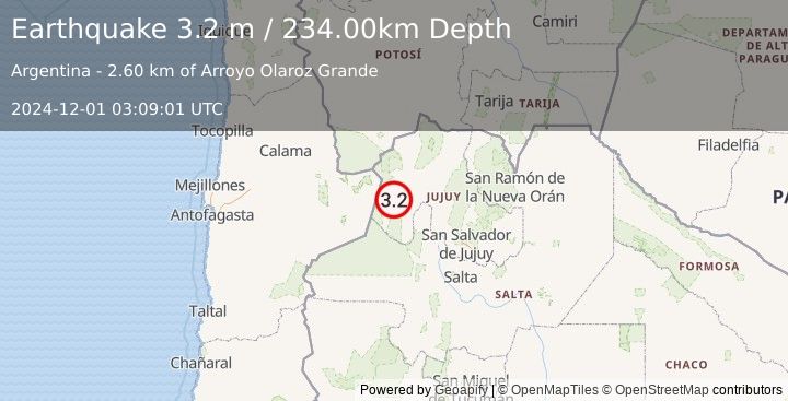 Earthquake JUJUY, ARGENTINA (3.2 m) (2024-12-01 03:09:01 UTC)