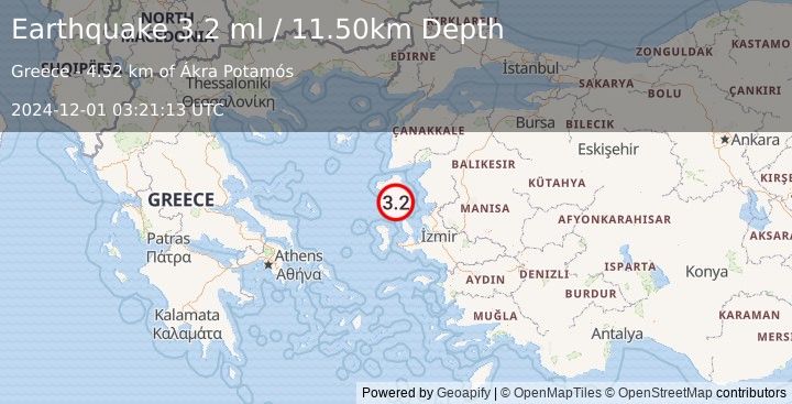 Earthquake NEAR THE COAST OF WESTERN TURKEY (3.2 ml) (2024-12-01 03:14:50 UTC)