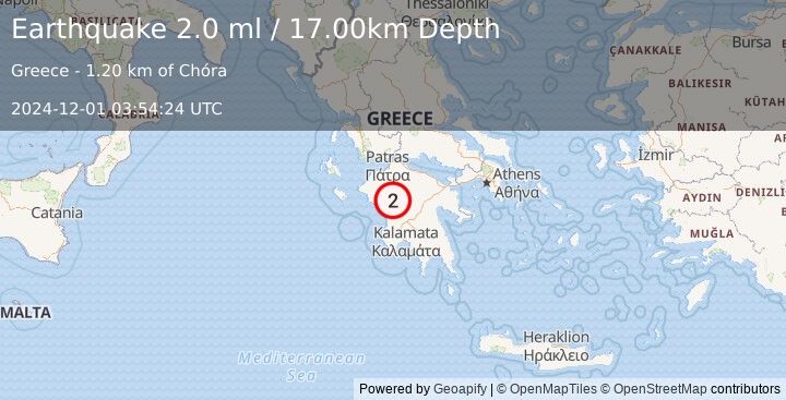 Earthquake SOUTHERN GREECE (2.0 ml) (2024-12-01 03:54:24 UTC)