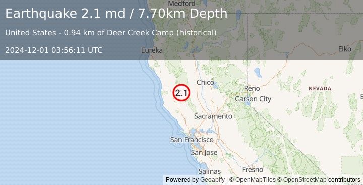 Earthquake NORTHERN CALIFORNIA (2.1 md) (2024-12-01 03:56:11 UTC)