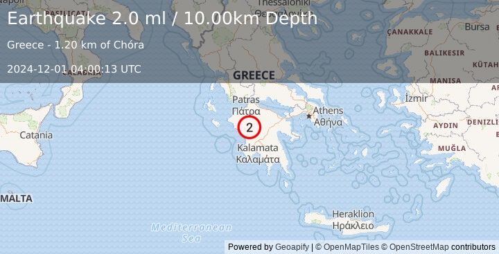 Earthquake SOUTHERN GREECE (2.0 ml) (2024-12-01 04:00:13 UTC)