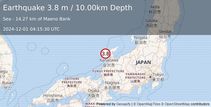 Earthquake NEAR WEST COAST OF HONSHU, JAPAN (3.8 m) (2024-12-01 04:15:30 UTC)