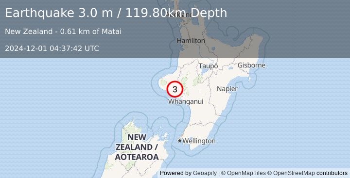 Earthquake NORTH ISLAND OF NEW ZEALAND (3.0 m) (2024-12-01 04:37:42 UTC)