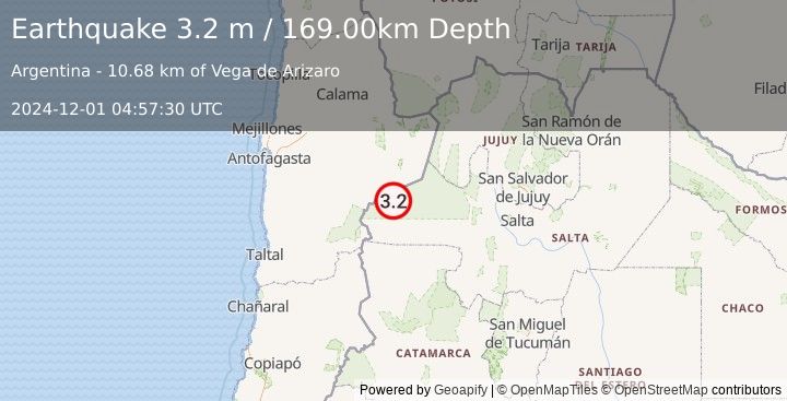 Earthquake SALTA, ARGENTINA (3.2 ml) (2024-12-01 04:57:10 UTC)