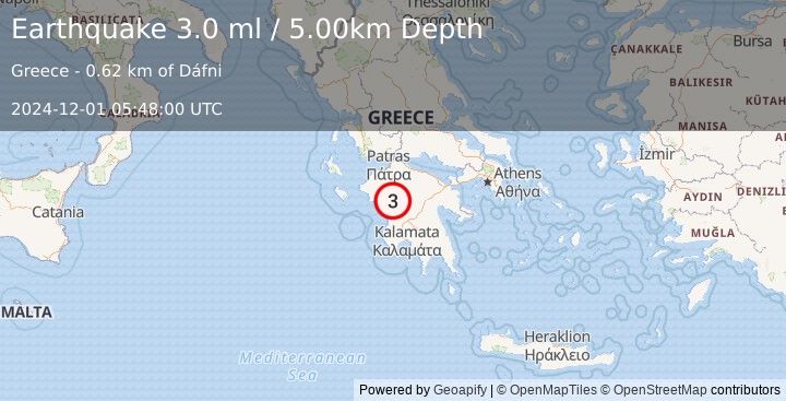 Earthquake SOUTHERN GREECE (3.0 ml) (2024-12-01 05:48:00 UTC)