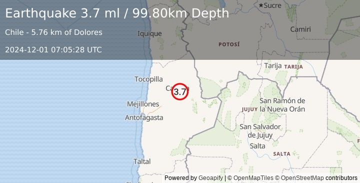 Earthquake ANTOFAGASTA, CHILE (3.7 ml) (2024-12-01 07:05:28 UTC)