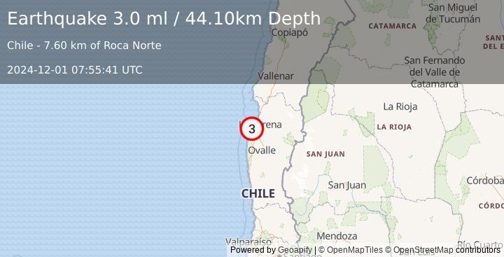 Earthquake OFFSHORE COQUIMBO, CHILE (3.0 ml) (2024-12-01 07:55:41 UTC)