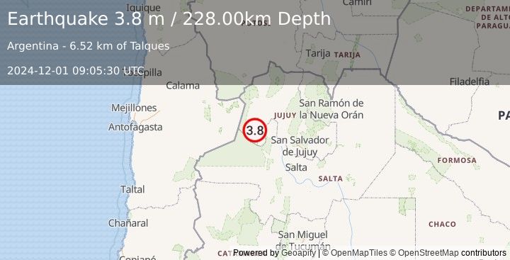 Earthquake JUJUY, ARGENTINA (3.8 m) (2024-12-01 09:05:30 UTC)