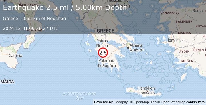 Earthquake SOUTHERN GREECE (2.5 ml) (2024-12-01 09:26:27 UTC)