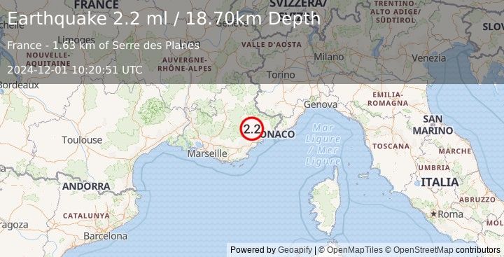 Earthquake NEAR SOUTH COAST OF FRANCE (2.2 ml) (2024-12-01 10:20:51 UTC)