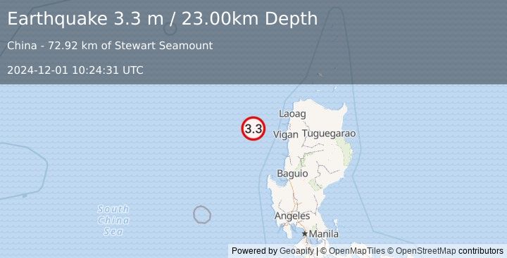 Earthquake PHILIPPINE ISLANDS REGION (3.3 m) (2024-12-01 10:24:31 UTC)