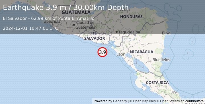 Earthquake OFFSHORE EL SALVADOR (3.9 m) (2024-12-01 10:47:01 UTC)