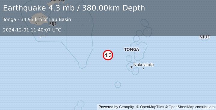 Earthquake FIJI REGION (4.3 mb) (2024-12-01 11:40:07 UTC)