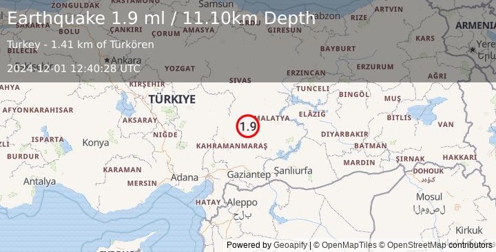 Earthquake CENTRAL TURKEY (1.9 ml) (2024-12-01 12:40:28 UTC)