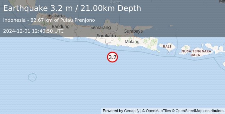 Earthquake SOUTH OF JAVA, INDONESIA (3.2 m) (2024-12-01 12:40:50 UTC)