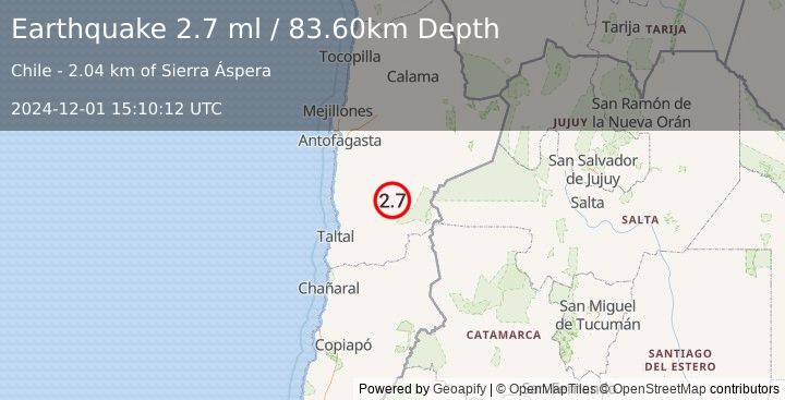 Earthquake ANTOFAGASTA, CHILE (2.7 ml) (2024-12-01 15:10:12 UTC)