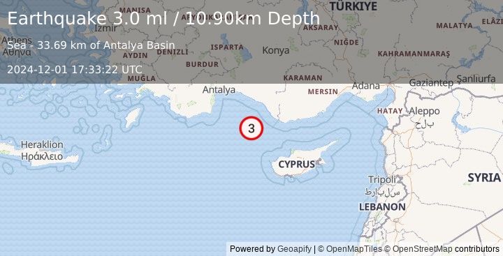 Earthquake CYPRUS REGION (3.0 ml) (2024-12-01 17:33:22 UTC)