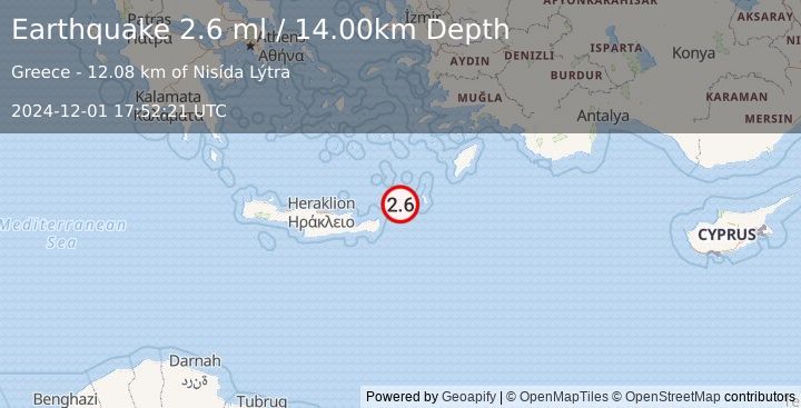 Earthquake CRETE, GREECE (2.6 ml) (2024-12-01 17:52:21 UTC)