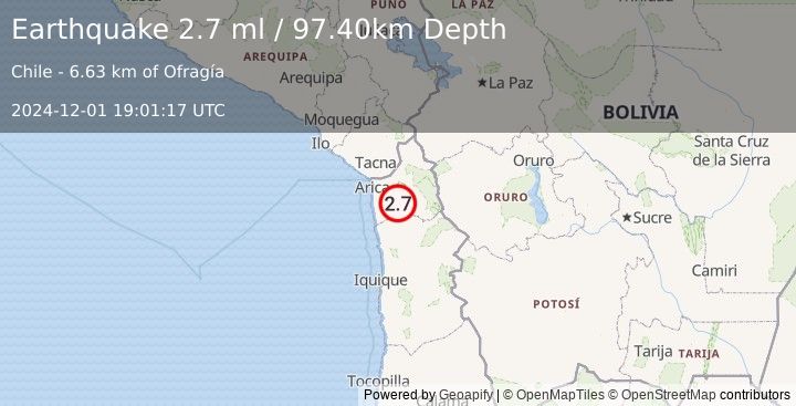 Earthquake TARAPACA, CHILE (2.7 ml) (2024-12-01 19:01:17 UTC)