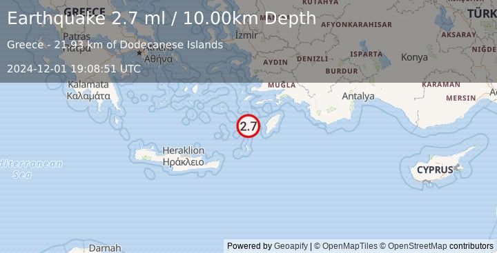 Earthquake DODECANESE IS.-TURKEY BORDER REG (2.7 ml) (2024-12-01 19:08:52 UTC)