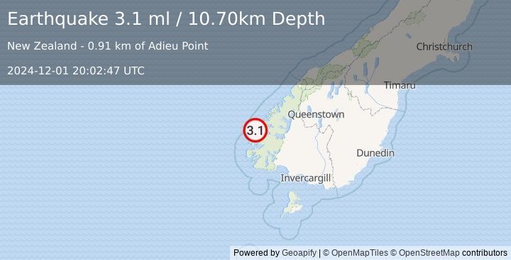 Earthquake OFF W. COAST OF S. ISLAND, N.Z. (3.1 ml) (2024-12-01 20:02:47 UTC)