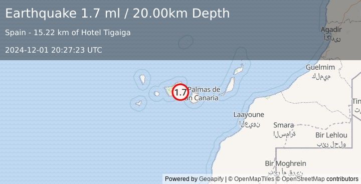 Earthquake CANARY ISLANDS, SPAIN REGION (1.7 ml) (2024-12-01 20:27:23 UTC)