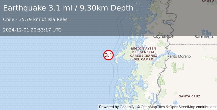 Earthquake OFF COAST OF AISEN, CHILE (3.1 ml) (2024-12-01 20:53:17 UTC)