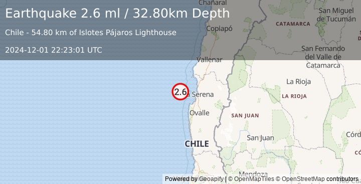 Earthquake OFFSHORE COQUIMBO, CHILE (2.6 ml) (2024-12-01 22:23:01 UTC)